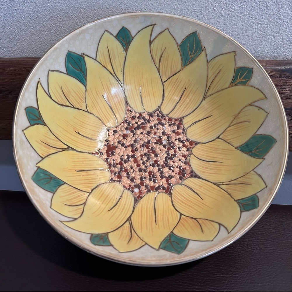 Vtg 90s Jena Hall Moorage Enameled Sunflower Bowl w/ Gold Detailing Toyo Trading